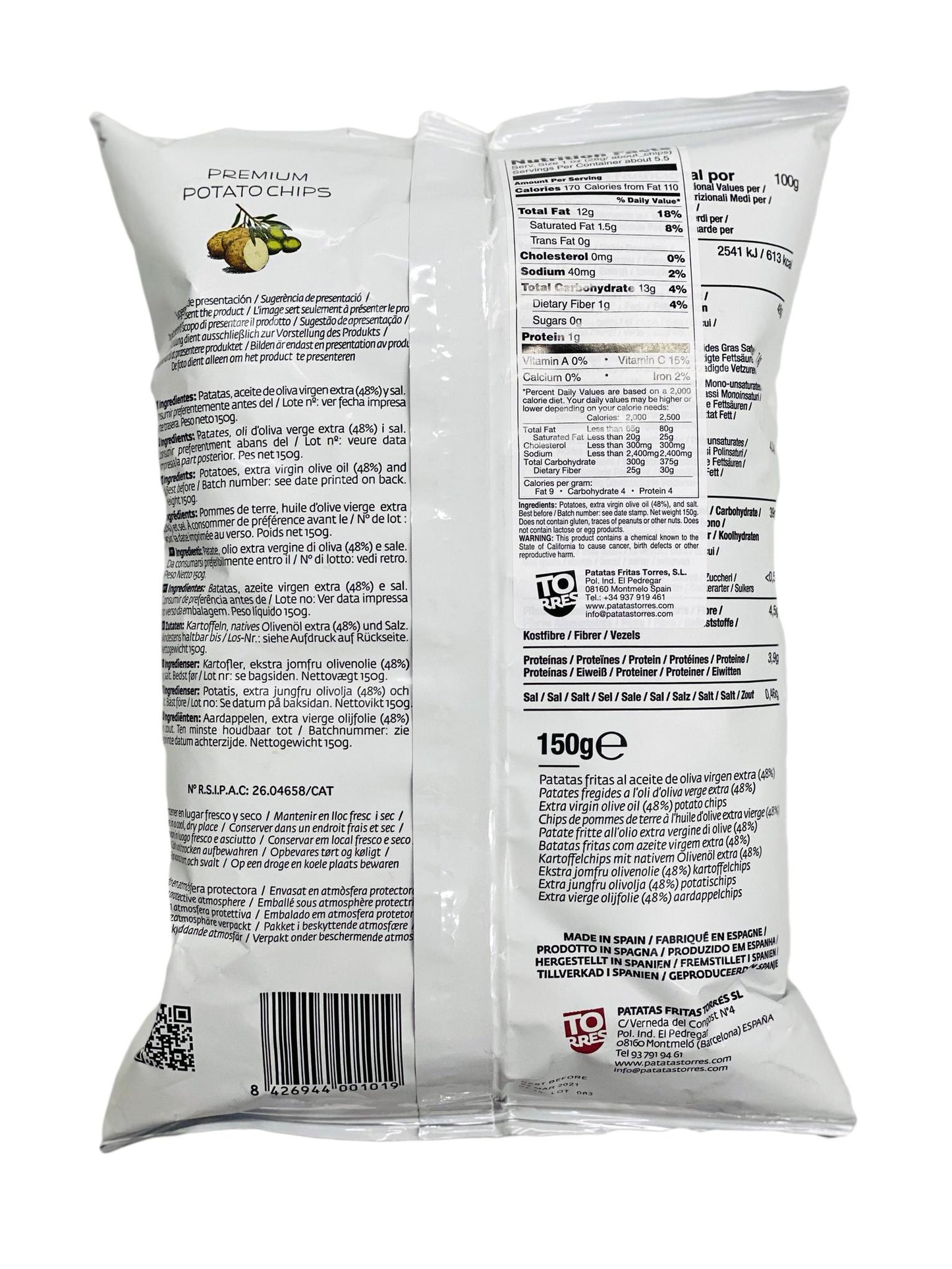 Torres Selecta Potato Chips 100% Extra Virgin Olive Oil, 5.29 oz